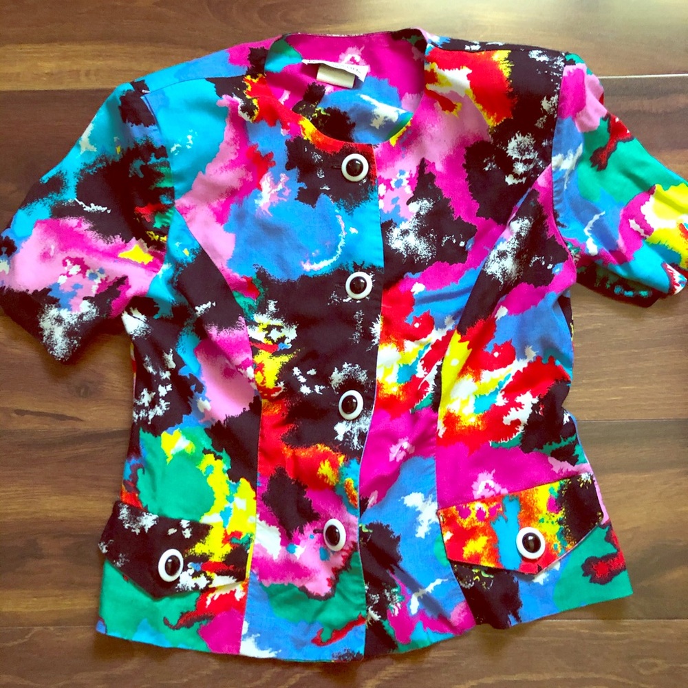 Vintage Colorful Party Ink Blot Button Up Blouse